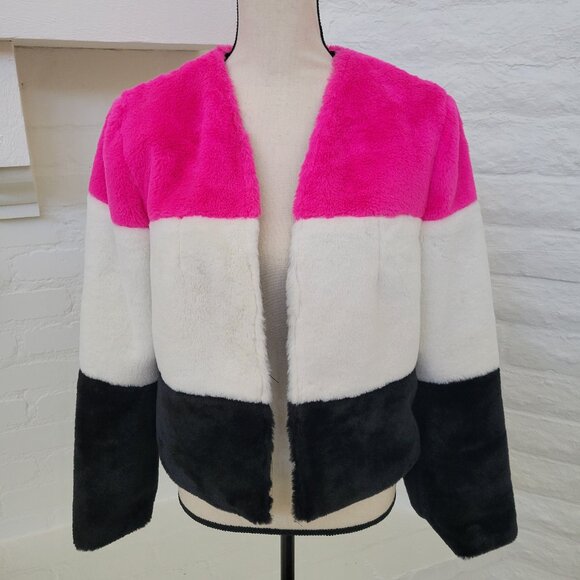 Coat Juniors Medium Black Pink White Fuzzy Furry Teddy Jacket Long Sleeve Dressy - Picture 1 of 7